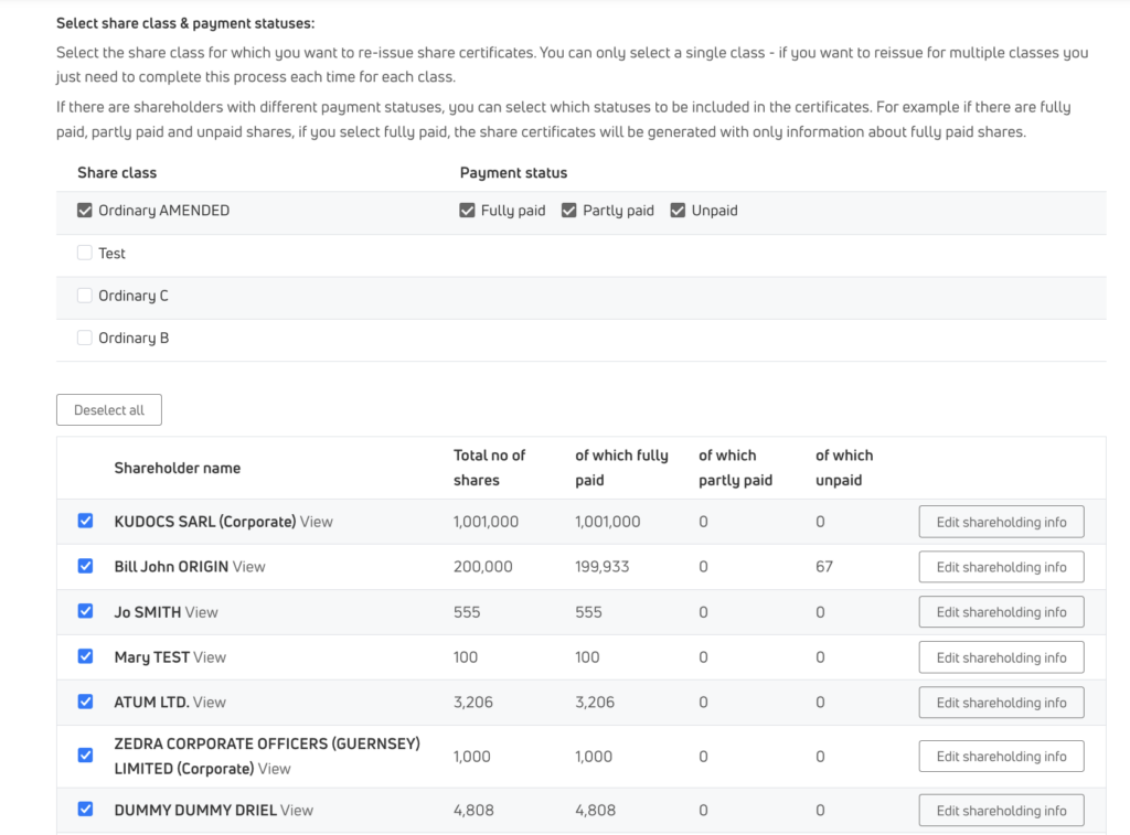 How to re-issue multiple share certificates in Kudocs