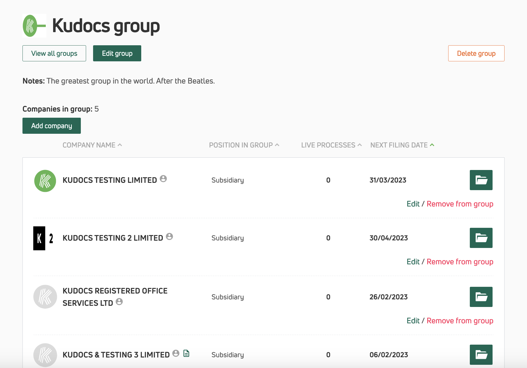 Using the group companies feature in Kudocs