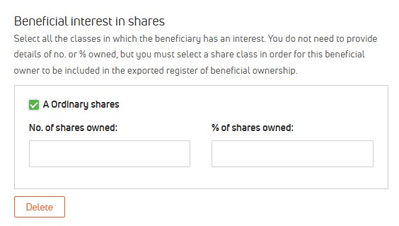Screenshot of additional info about shares held for beneficiary that can be completed