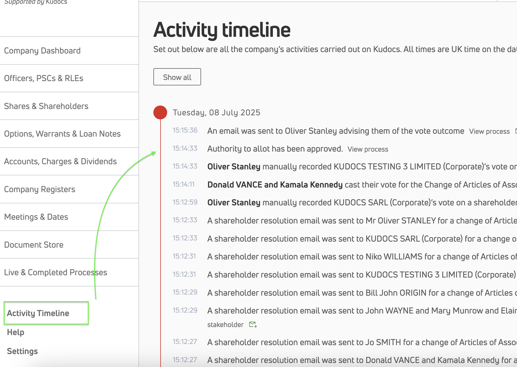 Audit logs/ activity timeline/ CH filing status & submission tracker ...
